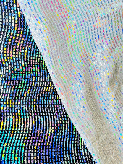 New Rectangular hologram sequins on metallic nylon spandex 2-way stretch 58/60”